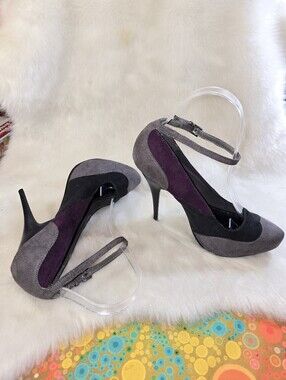 2 Lips Too "Too Ebony" Three-Tone Suede Ankle-Strap Pumps in Purple/Gray/Black
